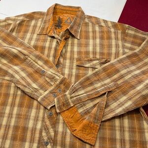 Ascend Tan rust beige brown PLAID men’s SHIRT XL gauzy cotton stretchy button up